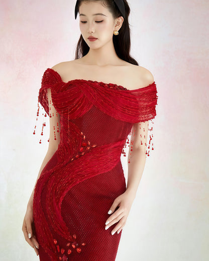 Crimson Draped Beaded Off-Shoulder Mermaid Gown