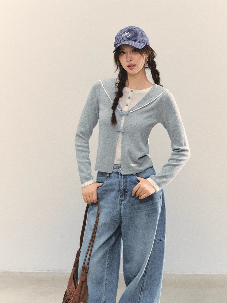 Contrasting Fake Two Piece Woolen Cardigan