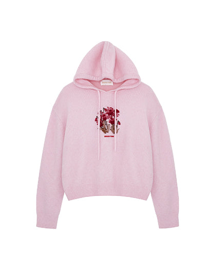 Blue &amp; Pink Floral Embroidery Hooded Knit Sweatshirt