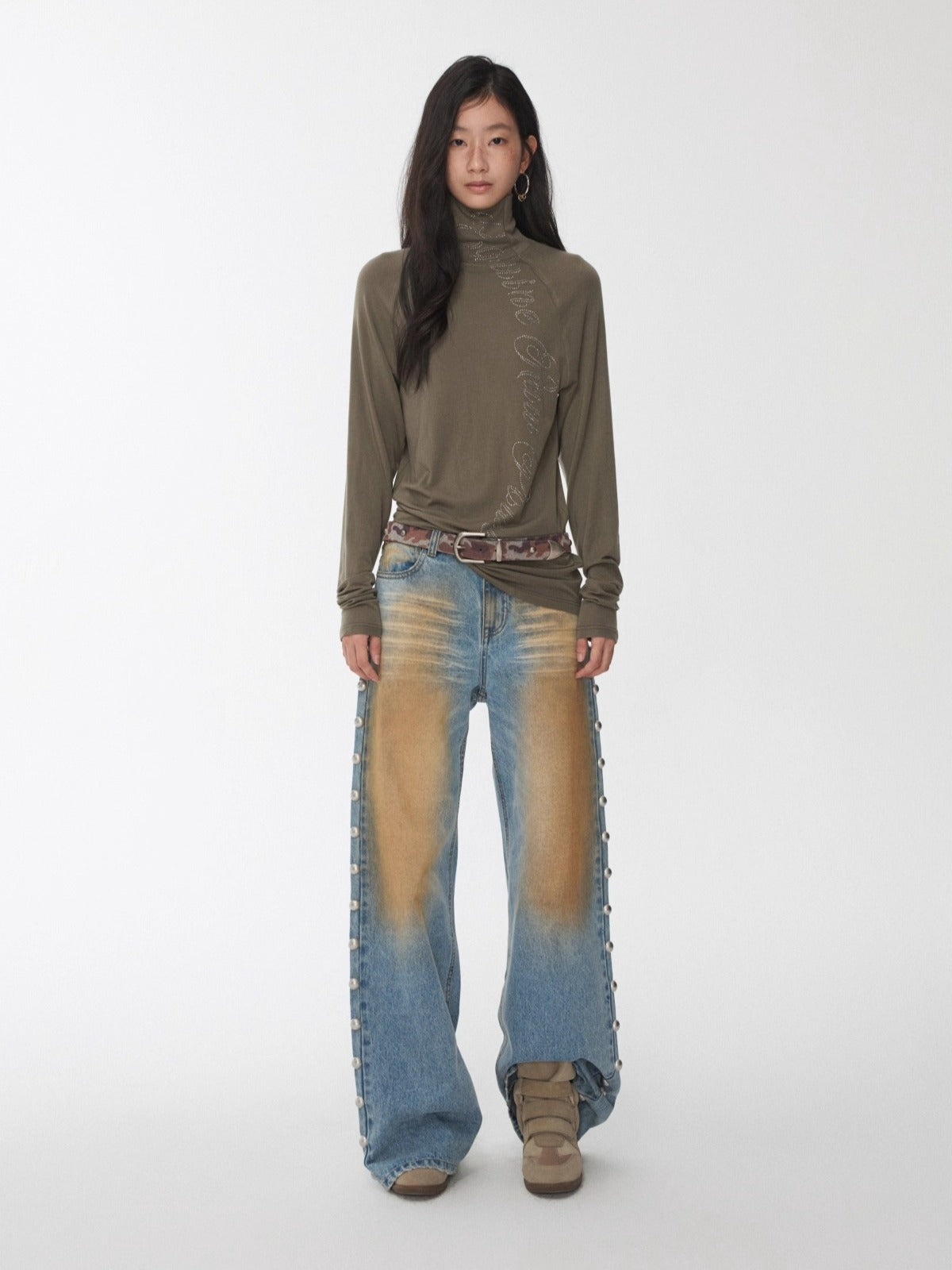 Rhinestone High-Neck Raglan Knit T-Shirt