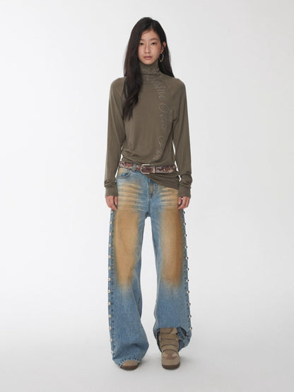 Rhinestone High-Neck Raglan Knit T-Shirt