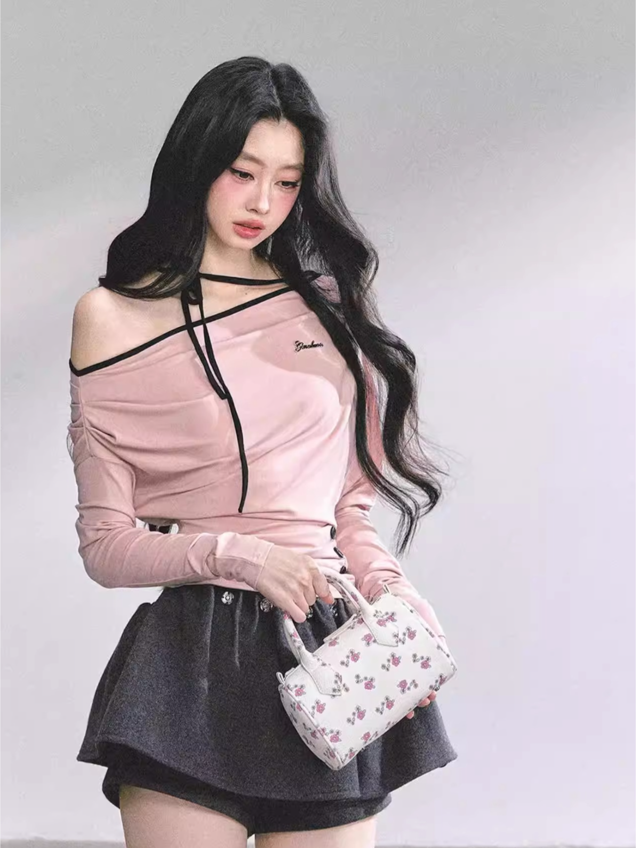 Off-Shoulder Halter Long-Sleeve T-Shirt