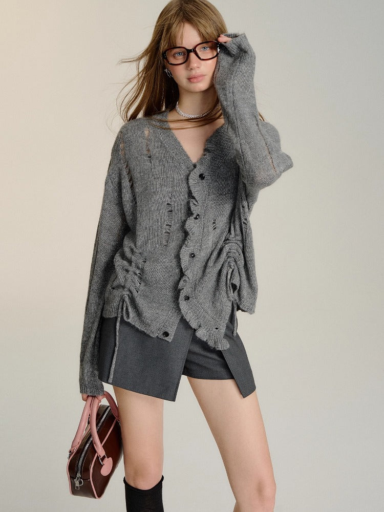 Gray Ruched Knit Cardigan