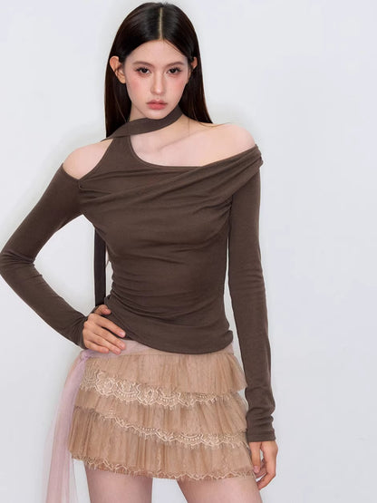 Asymmetric Off-Shoulder Knit T-Shirt