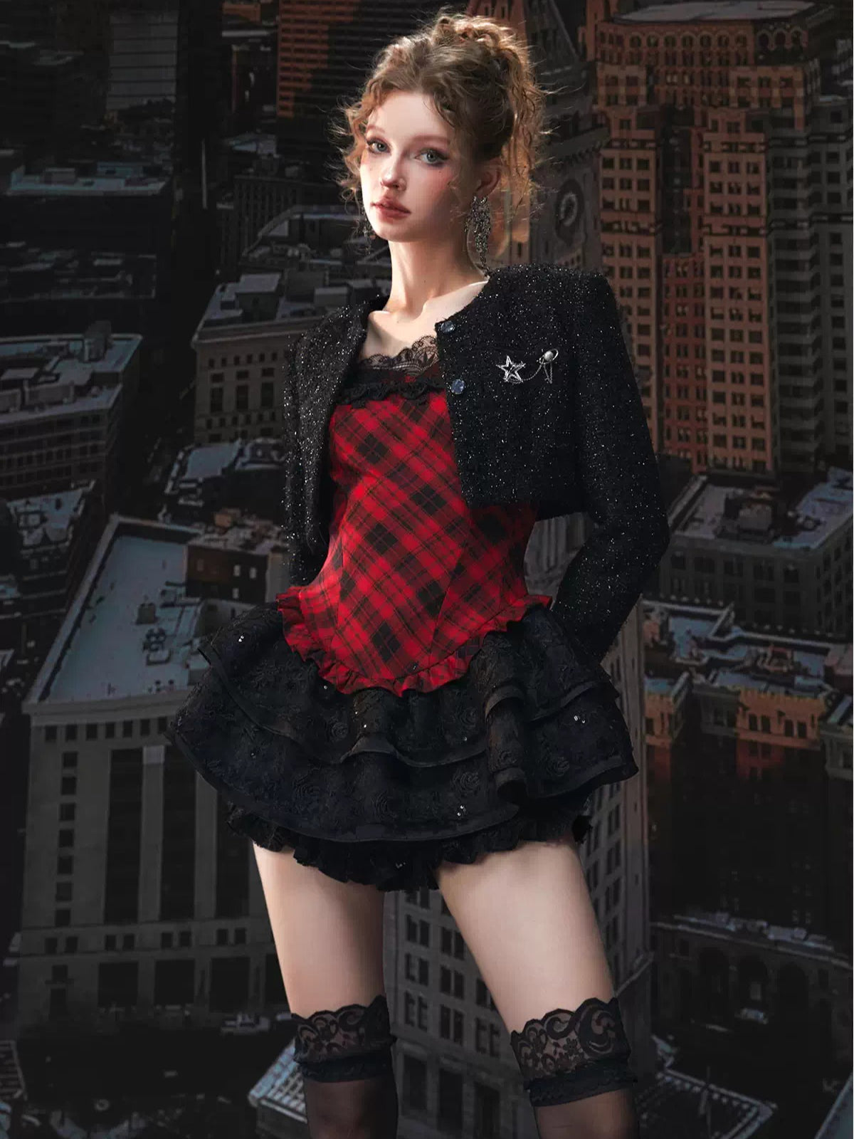 Plaid Puff Dress with Lace Overlay Set