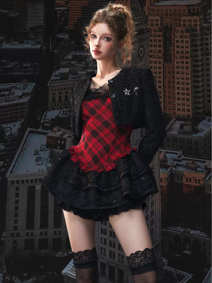 Plaid Puff Dress with Lace Overlay Set