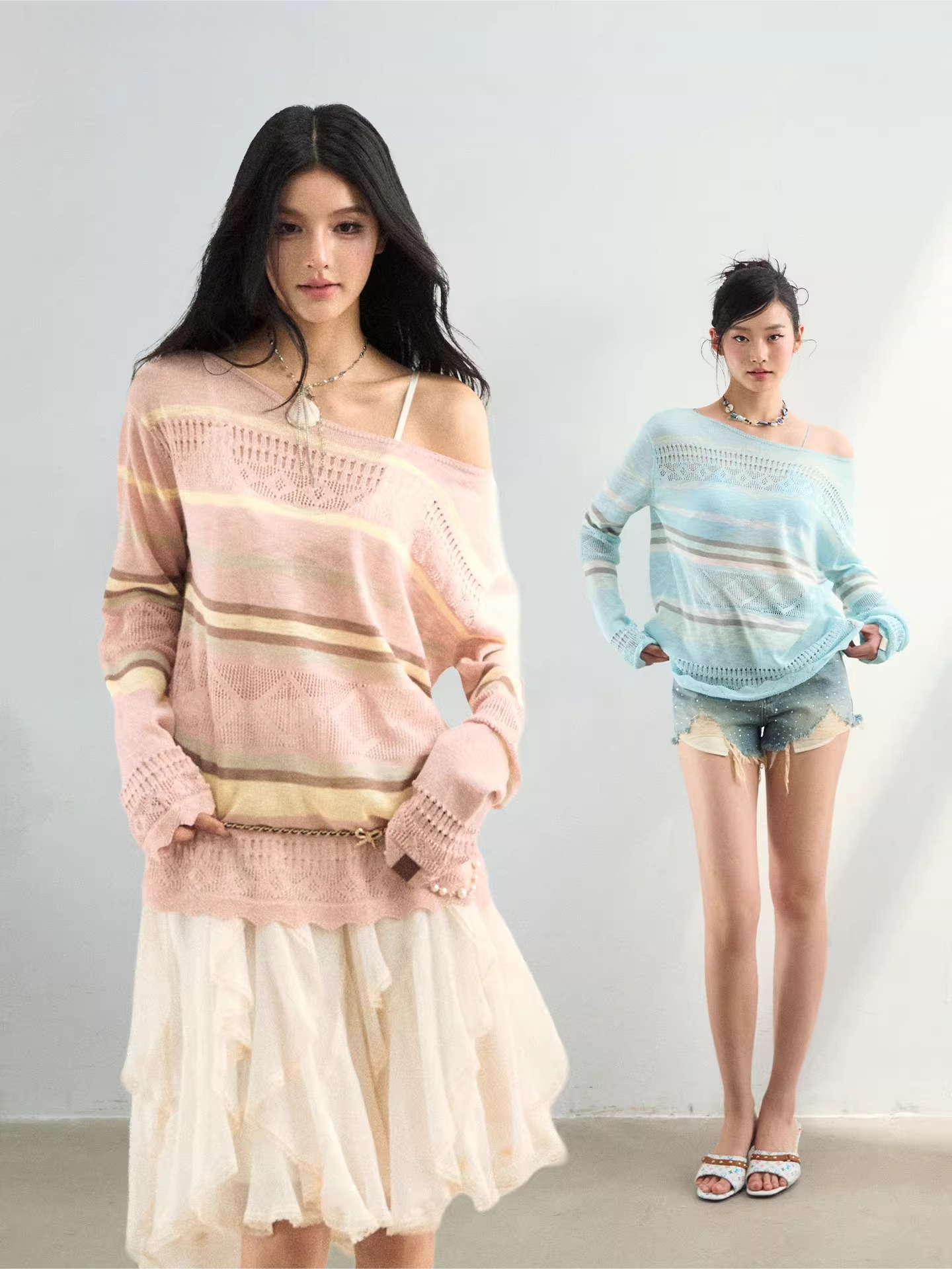 Color-Block Open Knit Stripe Blouse