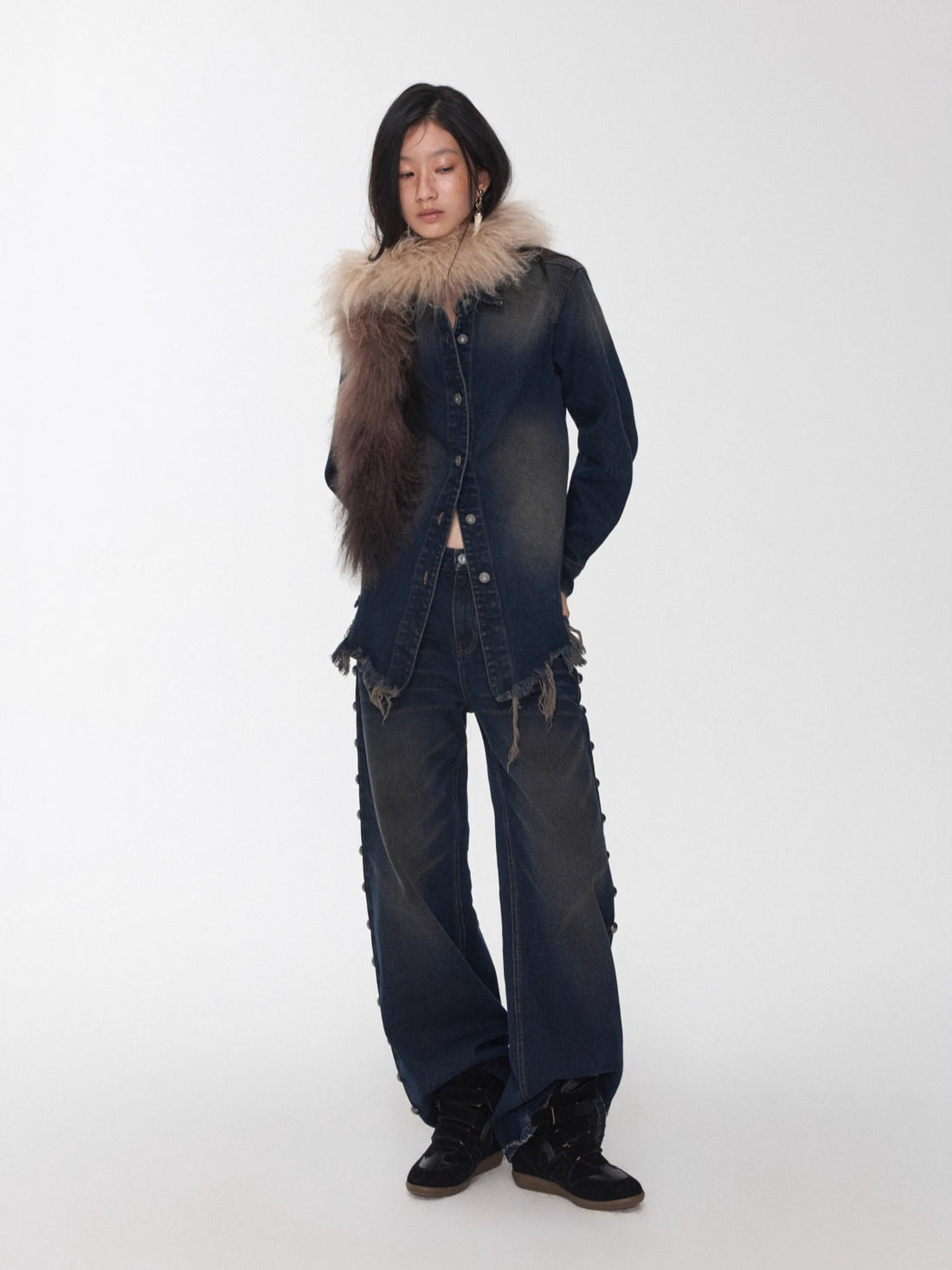 Vintage Washed Frayed Denim Fitted Shirt