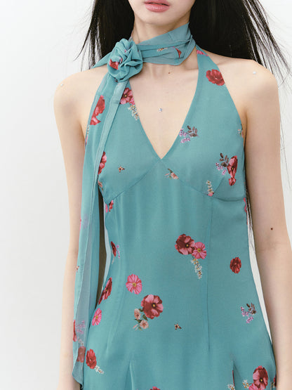 Blue Halter Printed Dress