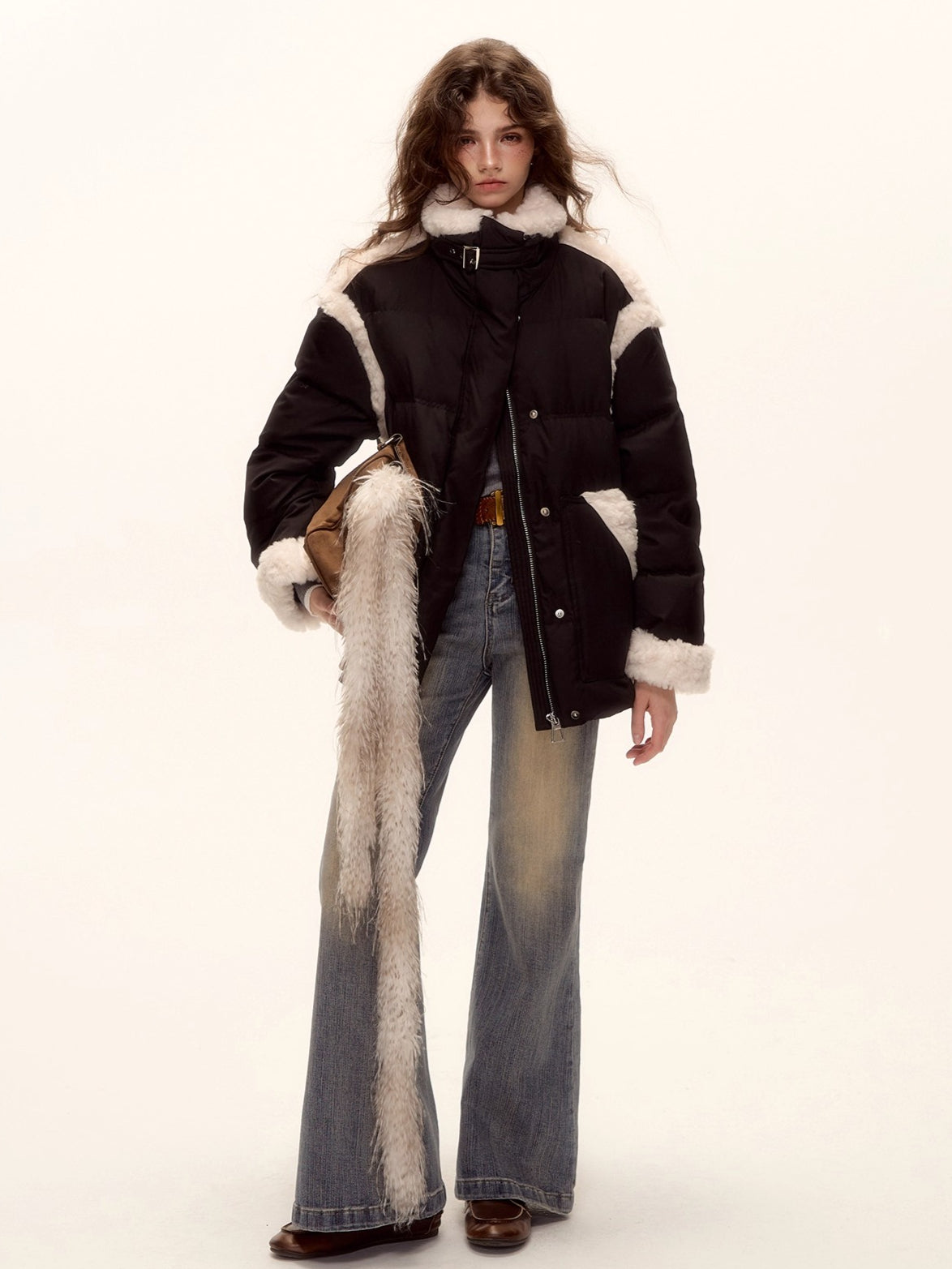 Faux Shearling Panel Down Jacket