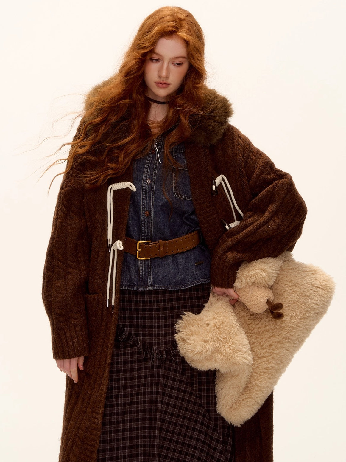 Detachable Fur Collar Cable-Knit Duffle Coat