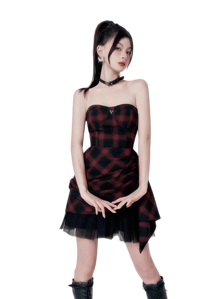 Red-Black Plaid Waist-Defining Dress