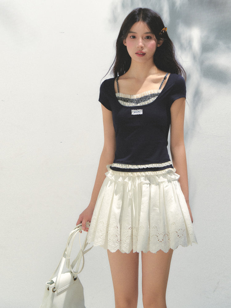 Two-piece Spliced Hem Lace Short-sleeve T-shirt - CHINASQUAD