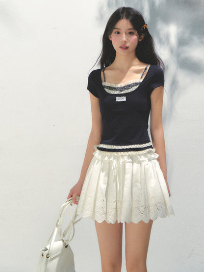 Two-piece Spliced Hem Lace Short-sleeve T-shirt - CHINASQUAD