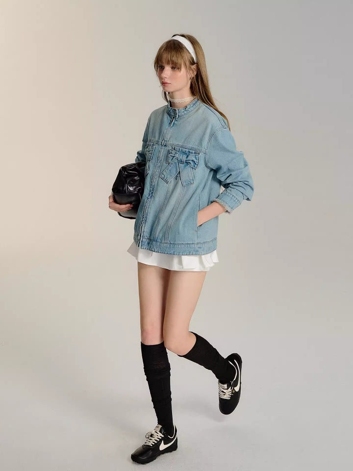 Blue 3D Bow Moto Denim Jacket