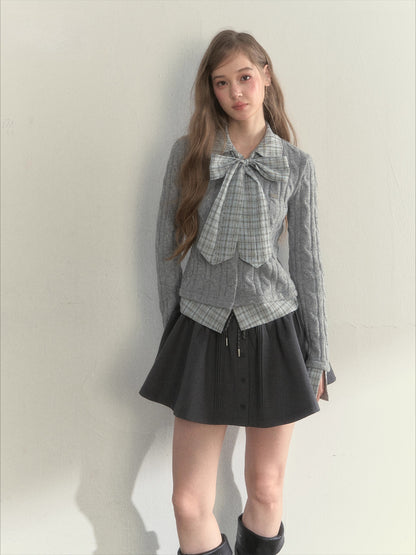 Retro Bow-Tie Preppy Layered Cable Knit Cardigan