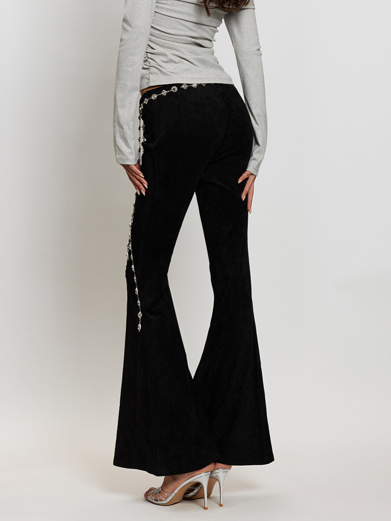 Suede Rhinestone Slim-Fit Flared Pants