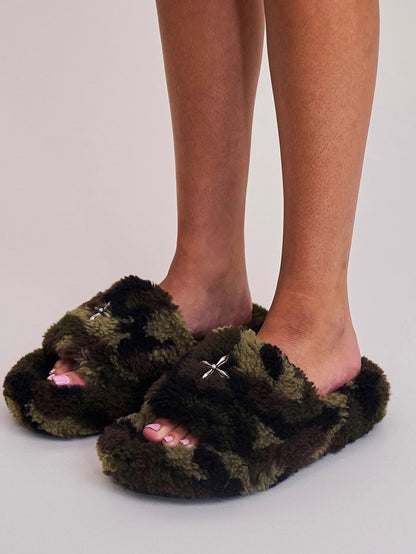 Cross Relic Shearling Heel Mules