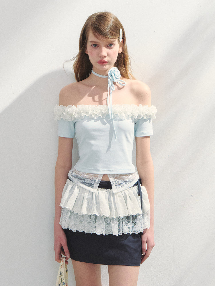 Off-Shoulder Irregular 3D Floral T-Shirt