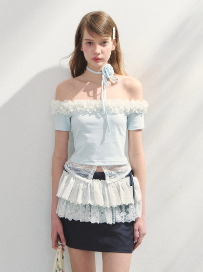 Off-Shoulder Irregular 3D Floral T-Shirt