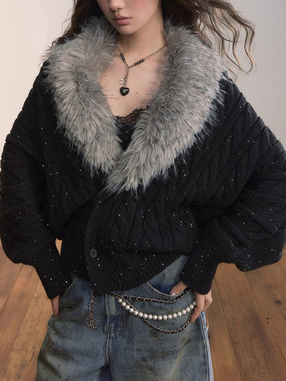 Detachable Faux Fur Collar Knit Cardigan