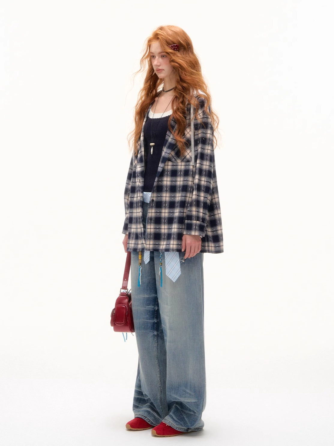 Vintage Plaid Contrast Hooded Shirt