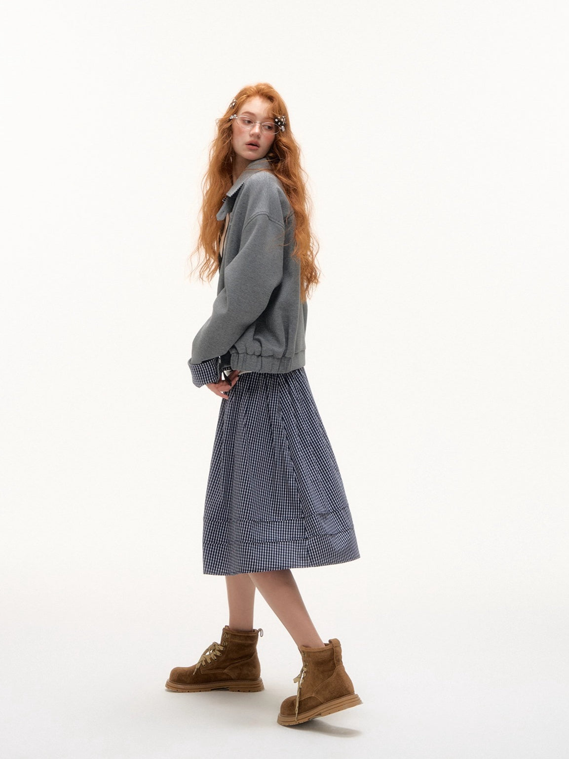 Plaid Panel Embroidered Collar Jacket