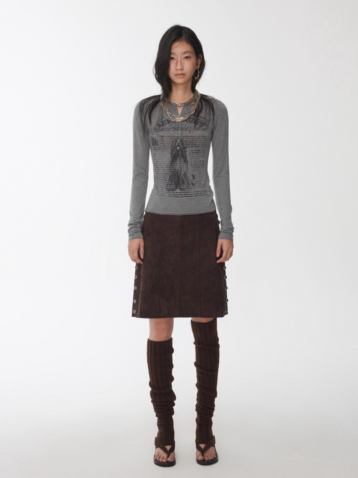 Henley Animal-Print Knitted Long Sleeves T-Shirt