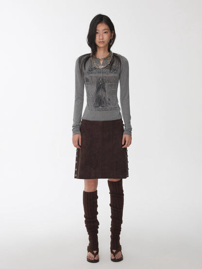 Henley Animal-Print Knitted Long Sleeves T-Shirt