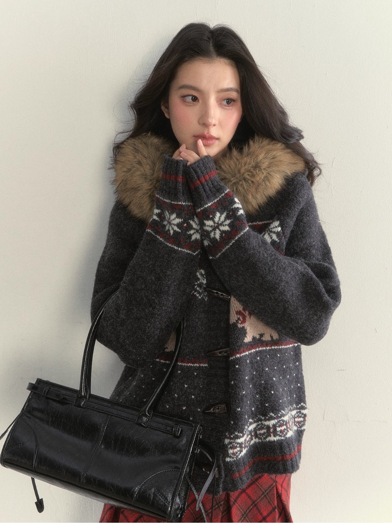 Charcoal Fair Isle Puppy Faux Fur Collar Knit Jacket