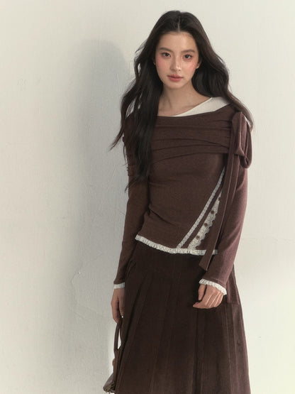 Asymmetric Off-Shoulder Bow-Tie Knit T-Shirt