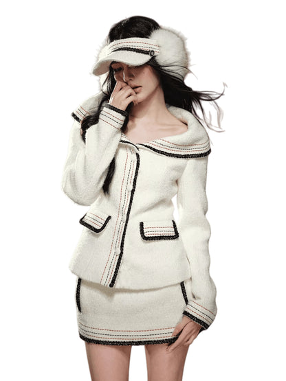 Oversized-Collar Jacket &amp; A-Line Mini Skirt Set