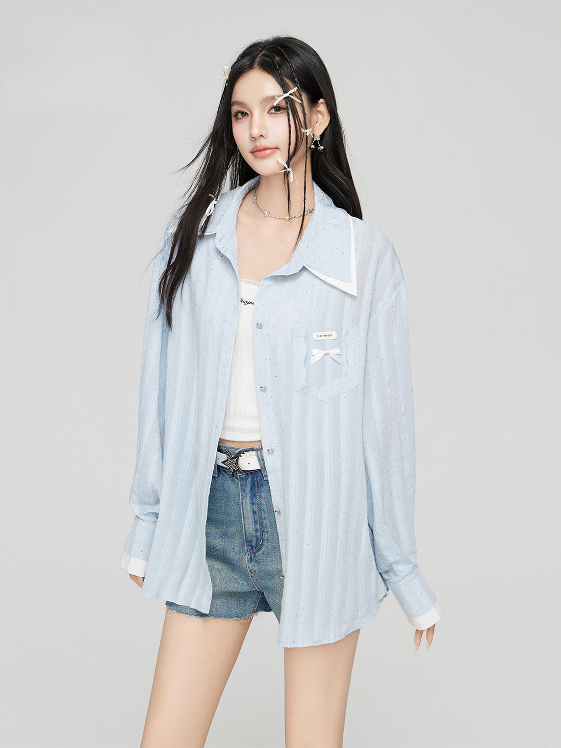 Blue Bow Decor Contrast Collar Shirt - CHINASQUAD