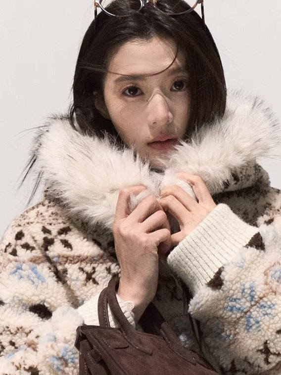 Jacquard Shearling Hooded Short Jacket