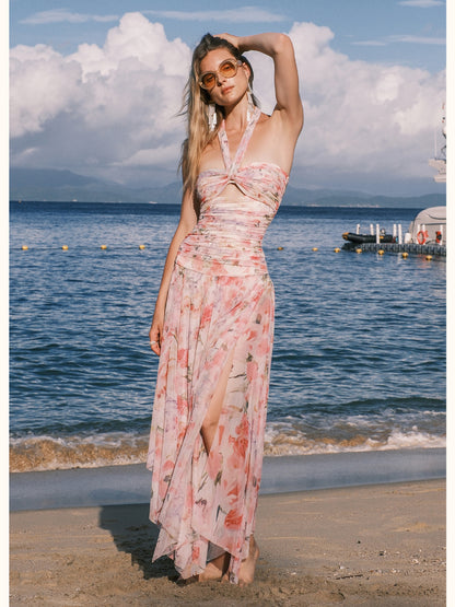Evelyn Floral Ribbon Neckline Hollow-out Dress - CHINASQUAD