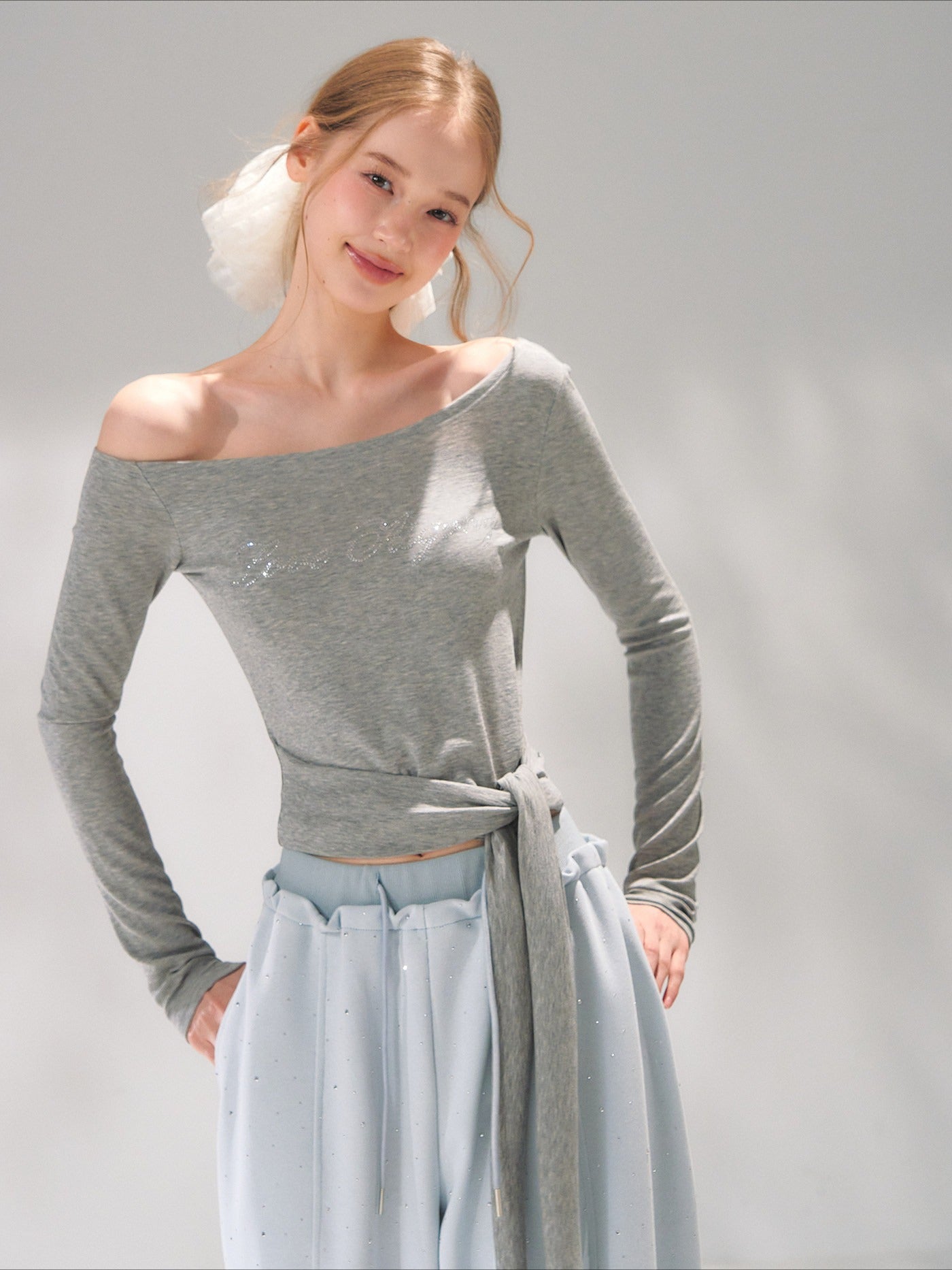 Asymmetric Crystal Logo Tie-Shoulder Fitted Tee