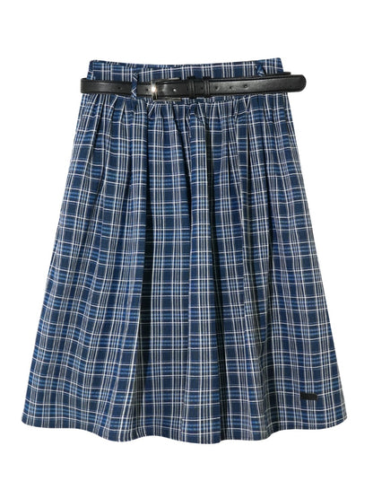 High-Waist Belted Plaid Umbrella Skirt