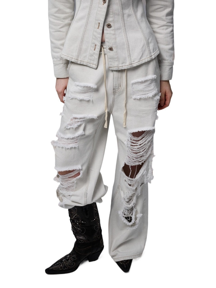 Embroidered Low-Waist Ripped Jeans