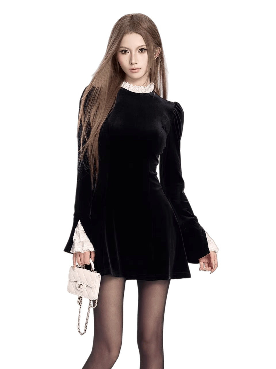 French Retro Lace-Collar Slim-Fit Dress