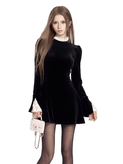 French Retro Lace-Collar Slim-Fit Dress