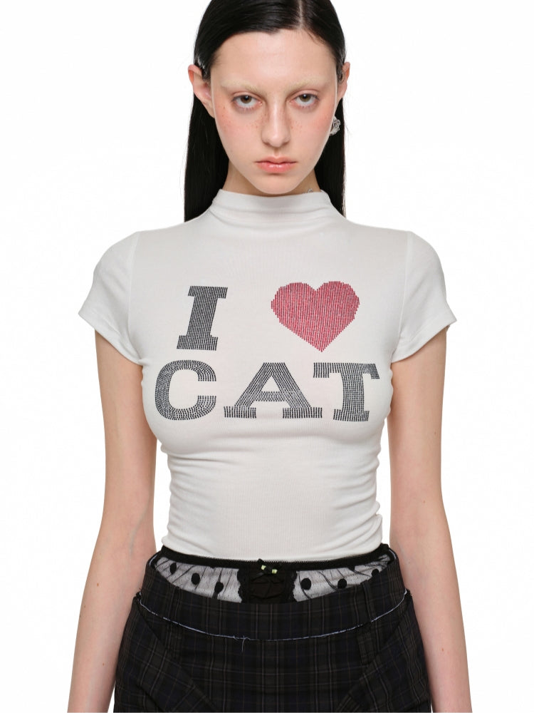 &quot;I ♥ CAT&quot; Rhinestone Fitted T-shirt