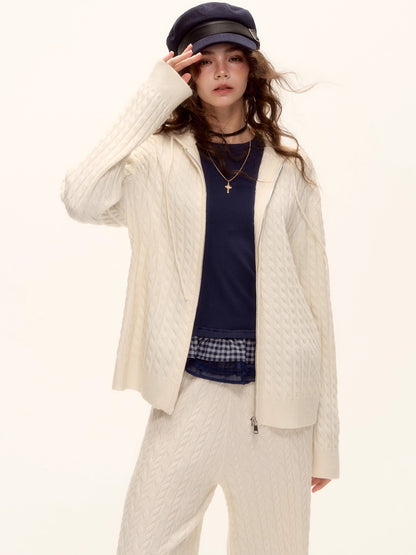 Wool Blend Cable Knit Zipped Hoodie &amp; Wide-Leg Pants Set