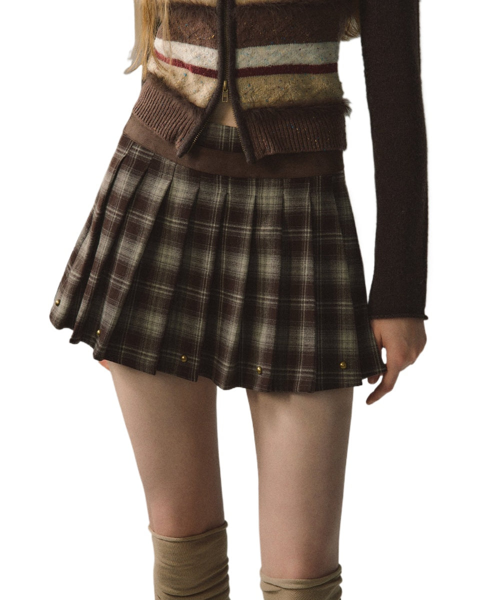 Red &amp; Coffee Plaid Pleated Mini Skirt - CHINASQUAD