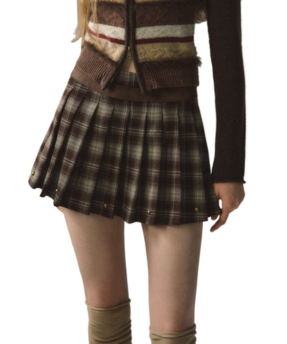 Red &amp; Coffee Plaid Pleated Mini Skirt - CHINASQUAD
