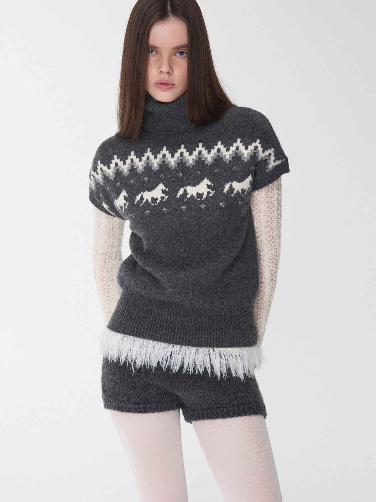 Fair Isle Pony Jacquard Turtleneck Knit Sweater