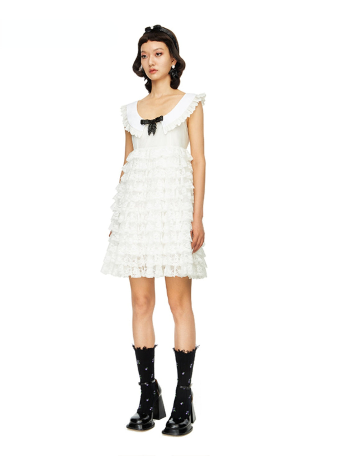 Black &amp; White A-line Babydoll  Lace Mini Dress - CHINASQUAD