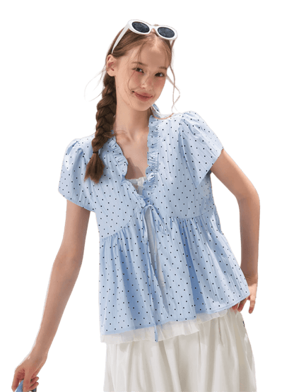 Ruffled Trim Polka Dot Layered Blouse