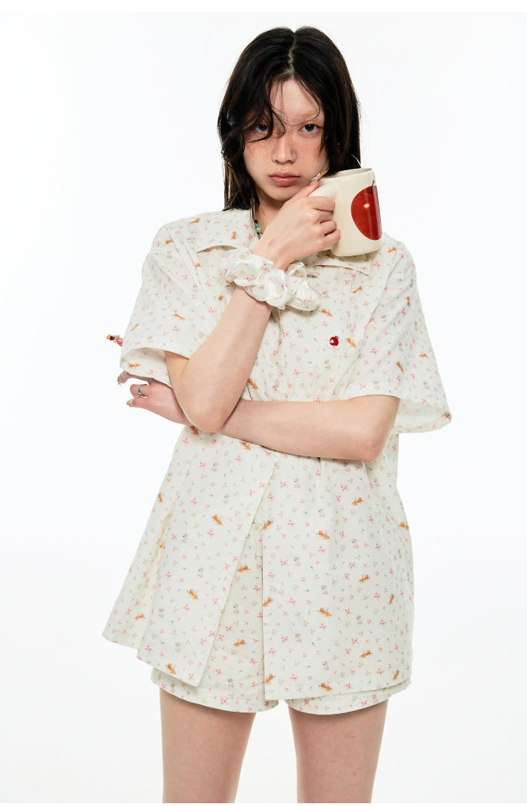 Cat and Dog Floral Print Shirt &amp; Shorts - CHINASQUAD