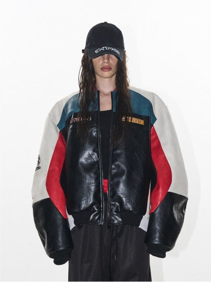 Color-Block Embroidered Moto Padded Jacket