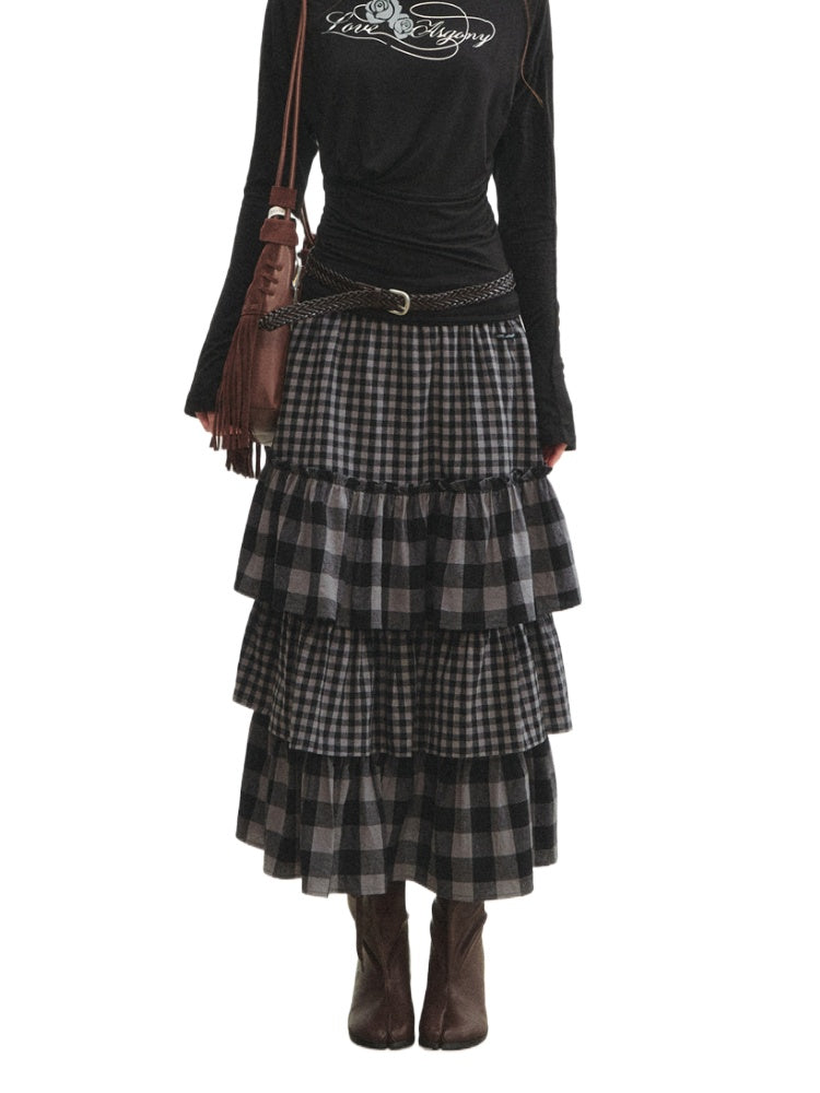 Plaid Patchwork Lace Waist Layered Cake Skirt - CHINASQUAD
